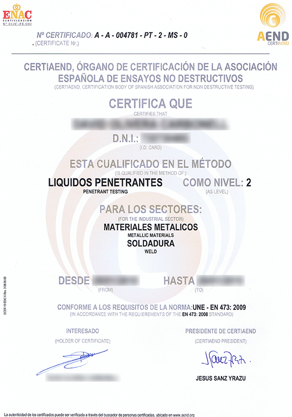 Certificación AEND Liquidos Penetrantes